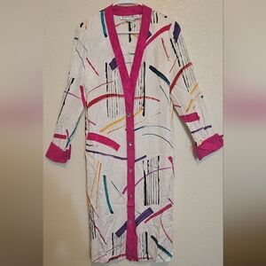 VTG Anne Crimmins Silk Abstract Duster Dress 80s Memphis Art Print Jeweled 8/SM